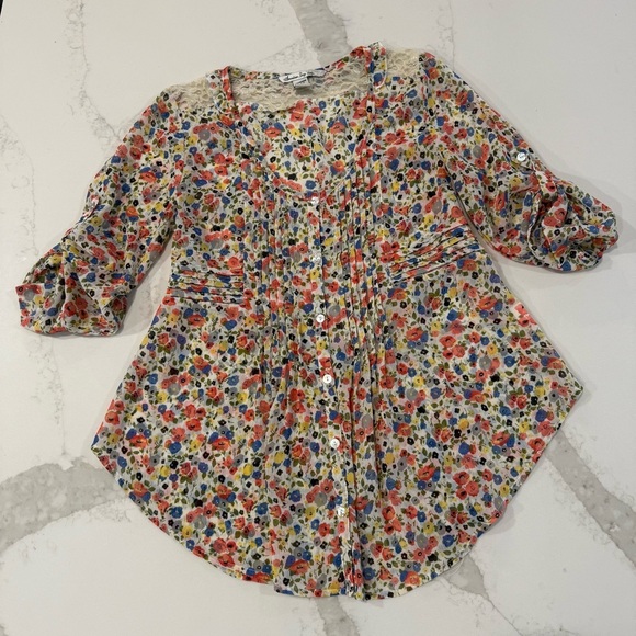 American Rag Cie Cottagecore Floral Tie Back Sheer Peasant Top Womens Small Lace - Picture 1 of 7